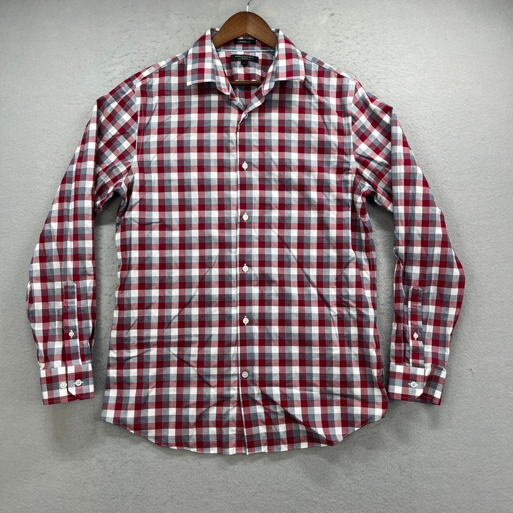 Banana Republic Button Up Mens L Red Gray White Gingham Grant Fit Oxford Stretch